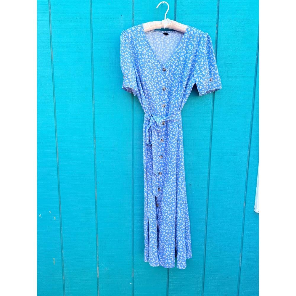 Blue Ditsy Floral Button Front Midi Dress Womens Size Large 8/10 V-Neck